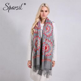 Sparsil Women Quality Soft Cashmere Scarves Sun Flower Embroidery Warm Long Shawls Winter Knitted Scarf All Match Pashmina Wrap S1290N