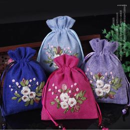 Jewellery Pouches Hand Ribbon Embroidery Gift Bag Small Drawstring Linen Pouch Wedding Party Favour Fabric Packaging Bags 10pcs/lot