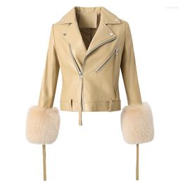 Women's Leather 2023 Real Sheepskin Bomber Jacket Fur Cuff Luxury Lady Moto Jackets Motorcycle Genuine Coats ZM4121
