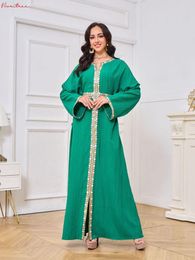 Ethnic Clothing Fashion Lace Embroidery Muslim Dresses Abayas Female Islamic With Lining Robes Belt Wy1686