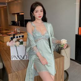 Women's Sleepwear Summer Kimono Bathrobe Lace Night Dress Sexy Satin Robe And Bath Gown Set Nightwear