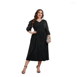 Casual Dresses Plus Size Women Clothing Spring Summer Fashion Elegant Black V-neck Three-quarter Sleeve Temperament Midi Skirt Party Dress