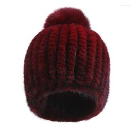 Berets Real Hat Women Winter Knitted Beanie Russian Girls Cap With Pom Poms Thick Female Elastic