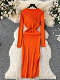 Casual Dresses SINGREINY French Senior Knitted Long Dress O Neck Elastic Waist Hollow Out Design Temperament Autumn Women Sexy Slim Split