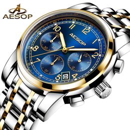 Aesop Fashion Men Watch Quartz Wristwatch Stainless Steel Band Male Clock Men Wrist Watches Waterproof Relogio Masculino203E