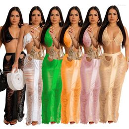 Work Dresses Sexy Hollow Out Tassel Knitted Two Piece Set For Women - Bra Top And Long Skirt Summer Vacation Beach Dress Suits