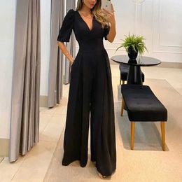 Women's Jumpsuits Rompers Elegant Short Sleeved Strappy Autumn New Solid Vneck Office Lady Fashion High Waist Wide Leg Jumpsuit