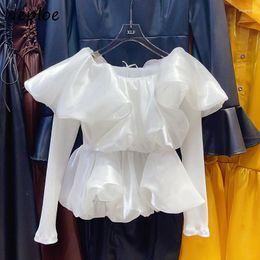 Women's Blouses Neploe Off Shoulder Ruffles White Shirts Women 2023 Autumn N Slim Waist Y2k Knitted Long Sleeve Blusas Mujer