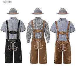 Theme Costume Okrfest Come for Mens 3pcs Set Hat and Plaid Shirt and Suspenders Lederhosen Bavarian Carnival Halloween Cosplay OutfitL231007