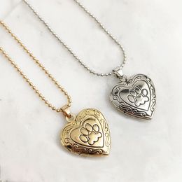 Everfast 10pc/Lot Engraved Paw Print Heart Locket Copper Pendant Photo Frame Charm Stainless Steel Beads Chain Necklaces Women Men Family Memorial Jewellery Gift