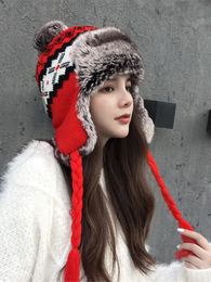 BeanieSkull Caps Winter Female Bomb Hat Warm Fur Skiing Artificial Knitted Patch Work Beans with Earrings Christmas Outdoor 231006