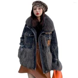 Women's Trench Coats 2023 Denim Parka Women High Quality Cowboy Patchwork Fur Coat Down Cotton Jacket Long Sleeve Luxury Clothing Jeans