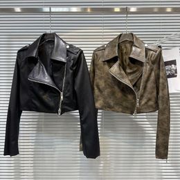 Women's Jackets 2023 Diagonal Zipper Wash Leather Pu Crop Jacket