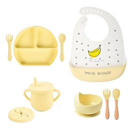 Cups Dishes Utensils 5/9Pcs Children's Dishware Baby Silicone Feeding Set Sucker Bowl Plate Cup Bibs Spoon Fork Sets Non-slip Dishes For Kid BPA Free 231007