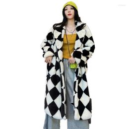 Women's Fur Checkerboard Long Faux Coat Women Winter Clothing Black White Fashion Plush Coats Ladies Fluffy Jacket Teddy Double Breasted