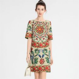 Women's Runway Dress O Neck Short Sleeves Beaded Printed Fashion High Street Pencil Dresses Vestidos2677