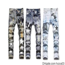 jeans Mens Letter star hoel designer loose Embroidery Patchwork Ripped For Trend Brand Motorcycle Pant Mens Skinny clothing huiya0292S