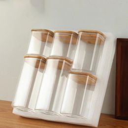 1Set 6pcs Square Glass Jar, Grain Bean Canister with Bamboo Lid, Sealed Food Storage Container, High Borocilicate Glass Kitchen Storage Can,, Snack Seasoning Bottle