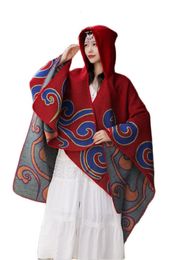 Scarves Poncho Female Travel Windproof Cape Ethnic Style Pashimina Big Red Split Hooded Shawl Couple Scarf Women Luxury 231007