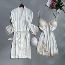 Women's Sleepwear White Kimono Robe Gown Set Summer Lady Twinset Bathrobe Strap Nightgown Sexy With Lace V-Neck Loungewear