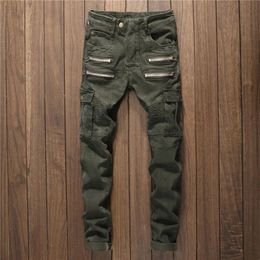 Men Multi Zippers Denim Jeans Straight Slim Male Jeans Pants Fashion Full Length Casual Punk Style Men Ripped Army Green2646