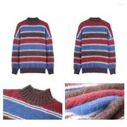 Men's Sweaters Thick Sweater Stylish Striped Knitted Warm Pullover With High Collar Loose Fit For Fall/winter Spring Neck