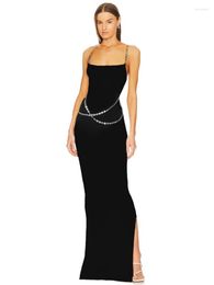 Casual Dresses 2023 Summer Luxury Sexy Sleeveless Backless Chain Black White Maxi Long Gowns Celebrity Elegant Evening Party Club Dress