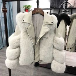 Women's Fur Faux Fur Luxury Faux Fox Fur Coats with PU Leather Jacket for Women Short Motorcycle Outwear 2023 Winter Moto Bike Jacket Warm Fur CoatL231007