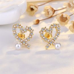 925 silver OL sweet love heart stud earrings with shining crystal bling diamond 18K gold luxury pearl designer ear rings earings e2637