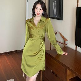 Casual Dresses Elegant Office OL Lady Shirt Dress 2023 Spring Fashion Vestidos Women Lapel Ruched Slim Bodycon Irregular Mini