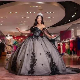 Veralove Black Quinceanera Dresses Ball Gown Off Shoulder Appliqued Sweet 16 Dress Floral Applique Vestidos De 15 Anos