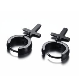 New Punk Men Ear Stud Circle Round Cross Huggie Earrings for Men Small Crucifix Cuff Earing Stainless Steel Hip Hop Male Jewelry