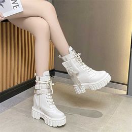 Winter Warm Ankle Boots for Women Leather Short Round Toe High Platform Fur Motorcycle Thick Heel Sneakers Shoe 10cm 230922