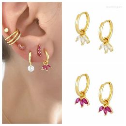 Hoop Earrings 925 Sterling Silver Needle Three Zircon Flower Pendant For Women White/Rose Red Crystal Fashion Jewelry