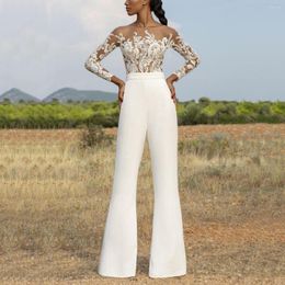 Women's Two Piece Pants Quality 2 Set Women Tops And Fashion Elegant Embroidered Mesh Tulle T-shirts Flare Long Trousers White