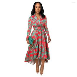 Ethnic Clothing Autumn African Dresses For Women Long Sleeve V-neck Polyester Print Black Red Dress Dashiki S-2XL