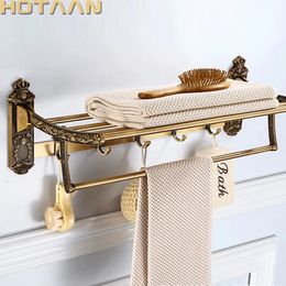 Towel Racks Aluminum Foldable Antique Brass Bath Towel Rack Active Bathroom Towel Holder Double Towel Shelf With Hooks Bathroom Accessories 231007