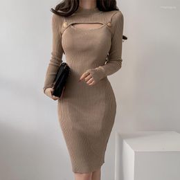 Casual Dresses Sexy Hollow Out Hip Wrap Knitted 2023 Women Slim Button Long Sleeve Bottom Solid Color Pullover Sweater