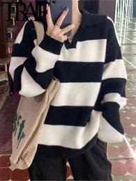 Women's Sweaters FANS 2023 Korean Clothes Luxury Clothing Polo Neck Stripe Pullover Sweater Autumn/Winter Contrast Black