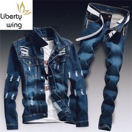Spring Mens Denim Two Piece Set Hole Ripped Slim Fit Jacket Jeans Sets Male Casual Vintage Ropa Hombre Cargo Suit Streetwear1271b