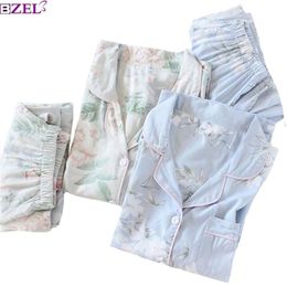 Spring Ladies Pajamas Set Floral Printed Soft Sleepwear Cotton Simple Style Women Long Sleeve Pants 2Piece Homewear 211106293W