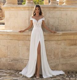 Off Shoulder Bridal Dress Deep V Sexy Side Slit Lace Applique Chiffon Formal Beach Trailing Wedding Dress