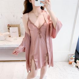 Women's Sleepwear Sexy Bride Wedding 2PCS Nighty Bathrobe Sleep Suit Womens Satin Lace Robe Gown Sets With Chest Pads V-Neck Suspender Dress