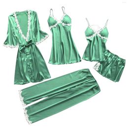 Women's Sleepwear 5-Piece Set Of Sexy Lace Suspender Underwear With Shorts Extended Pants And Silk Pyjama Green Home Nightgown