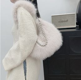2023 Autumn/Winter New Plush Bag Small Design Imitation Fox Hair Underarm Bag Pearl Chain Single Shoulder Bag Plush Bag apricot Colour