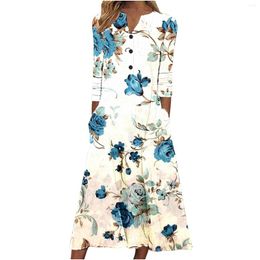 Casual Dresses Women's Autumn And Winter Dress Printed Tube Top V-Neck Button Long Sleeve High Quality Swing Vestido