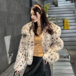 Women's Fur Winter Women High Quality Faux Jacket Fashion Leopard Print Casual Lapel Long Sleeve Waist Short Imitation Coat
