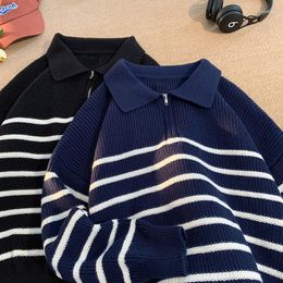 Men's Sweaters Cashmere Knitted Autumn Winter Striped POLO-neck Casual Knitwear Pullovers Men Long Sleeve Warm Jumper A99