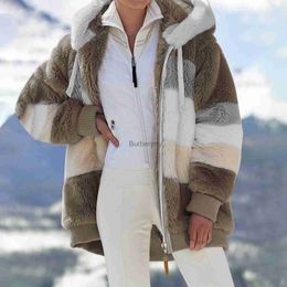 Women's Fur Faux Fur Women Fleece Hooded Coat Jacket 2023 Fashion Faux Fur Zip Up Outwear Elegant Warm Thick Plush Winter Jackets Fe ClothesL231007