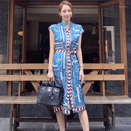 Casual Dresses Korean High Quality Designer Runway Fashion Elegant Lace Up Vintage Dress Printed Single-breasted Women Summer Beac217Q